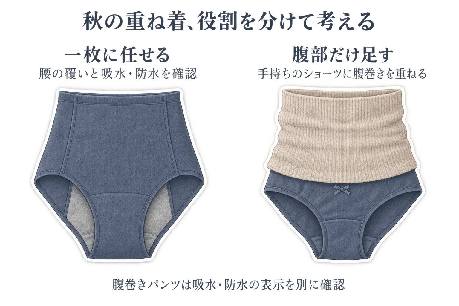 秋の重ね着での役割を示す比較図。左は腰の覆いと吸水・防水を確認するハイウエスト吸水ショーツ、右は手持ちのショーツに腹巻きを重ねて腹部だけを足す方法で、腹巻きパンツは吸水・防水の表示を別に確認することを示す。