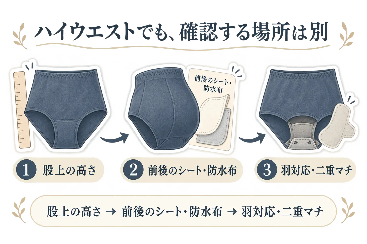 ハイウエスト吸水ショーツで確認する順序を示す図。1は股上の高さ、2は前後のシートと防水布、3は羽付きナプキン対応と二重マチで、ハイウエストでも確認する場所は別であることを表している。