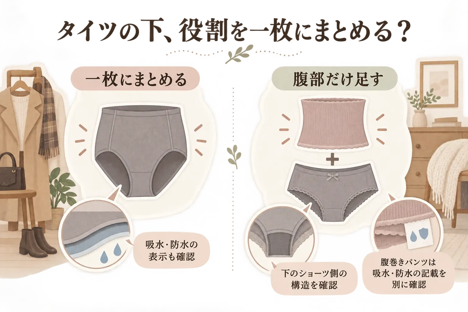 タイツの下で役割を一枚にまとめるか比較する図。左は吸水・防水の表示も確認するハイウエスト吸水ショーツ、右は腹巻きと下のショーツを重ねる方法で、下のショーツ側の構造と腹巻きパンツの吸水・防水表示を別々に確認することを示している。