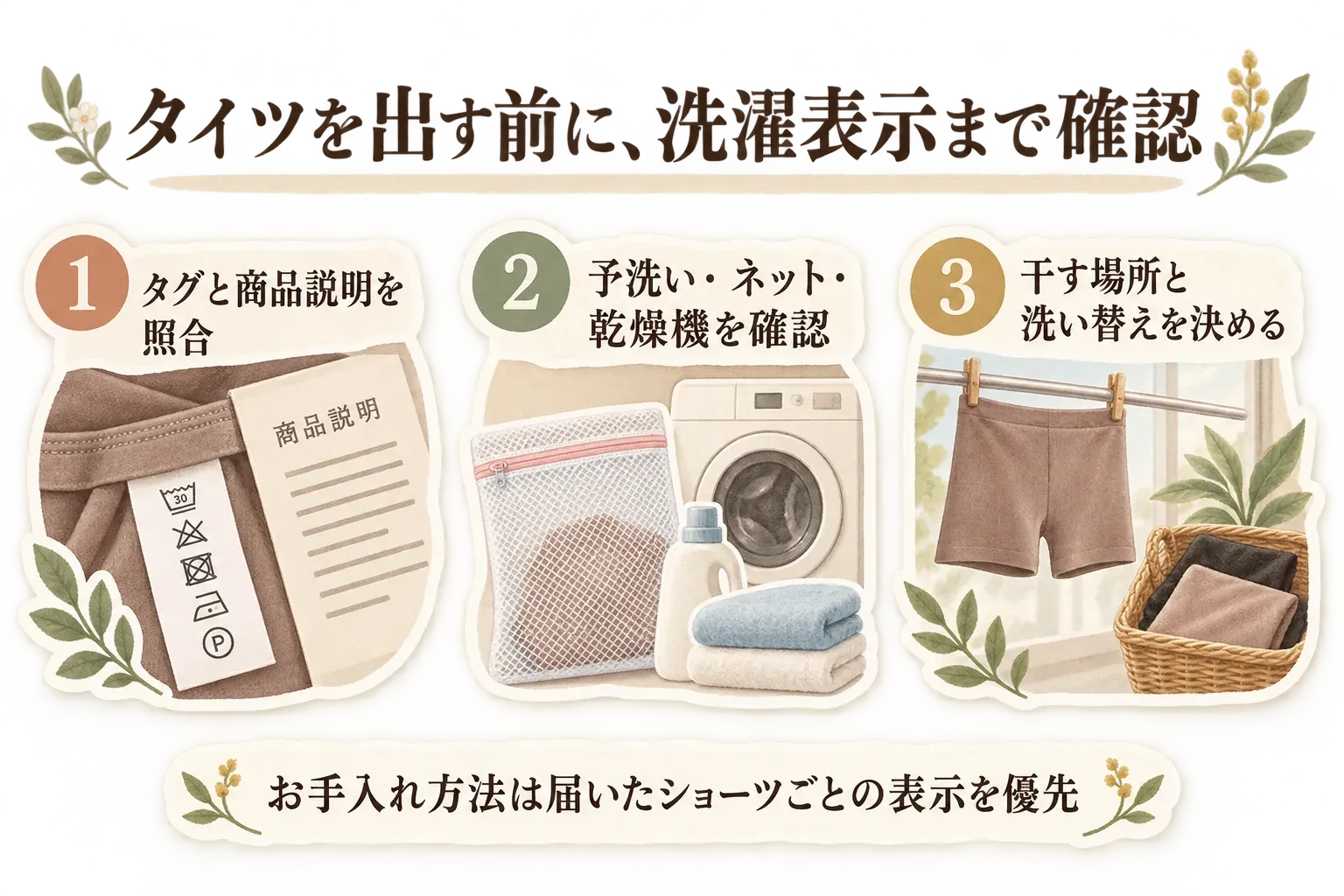 タイツを出す前の洗濯確認を示す3項目の図。1は衣類タグと商品説明を照合、2は予洗い・洗濯ネット・乾燥機の可否を確認、3は干す場所と洗い替えを決めることで、届いたショーツごとの表示を優先するよう案内している。