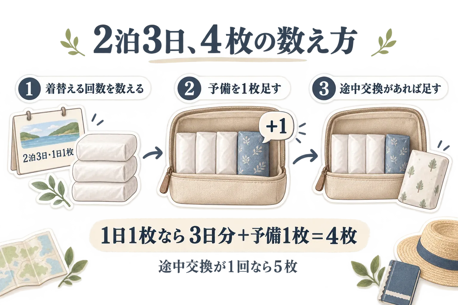 2泊3日の下着の持ち数を決める流れを示す図。着替える回数を数え、予備1枚を足し、途中交換があればさらに足す。1日1枚なら3日分と予備1枚で4枚、途中交換が1回なら5枚になる。