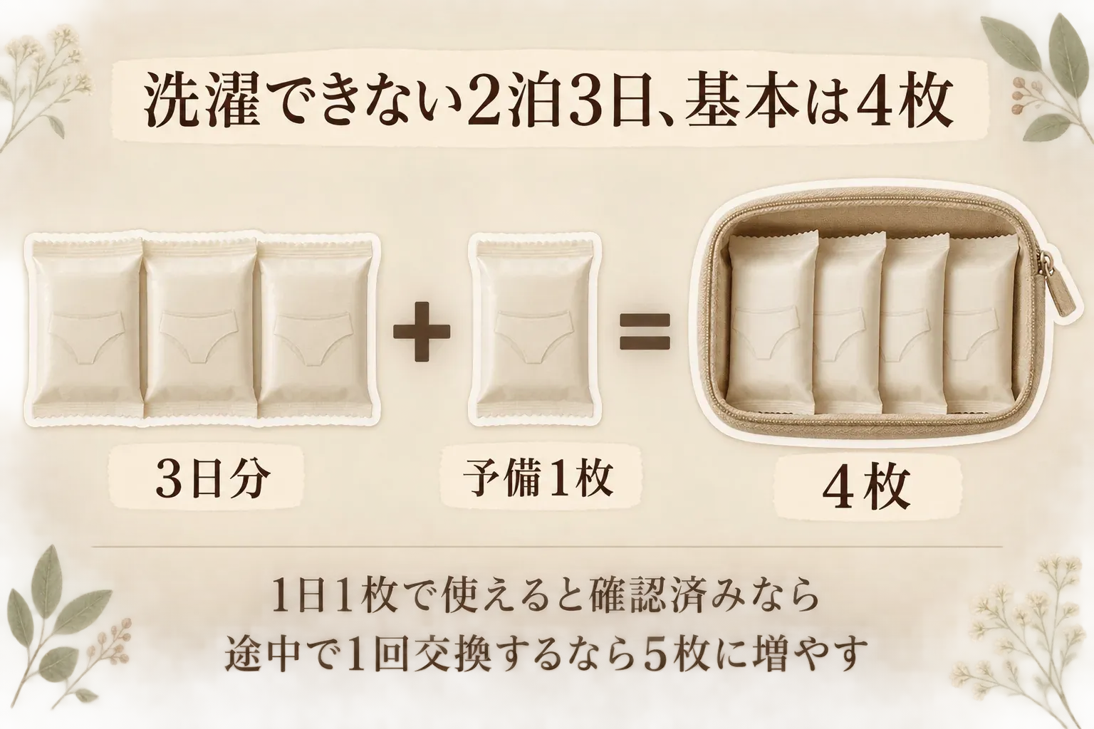 洗濯できない2泊3日の基本の持ち数を示す図。1日1枚で使えることを確認済みなら3日分に予備1枚を足して4枚とし、途中で1回交換するなら5枚に増やす。
