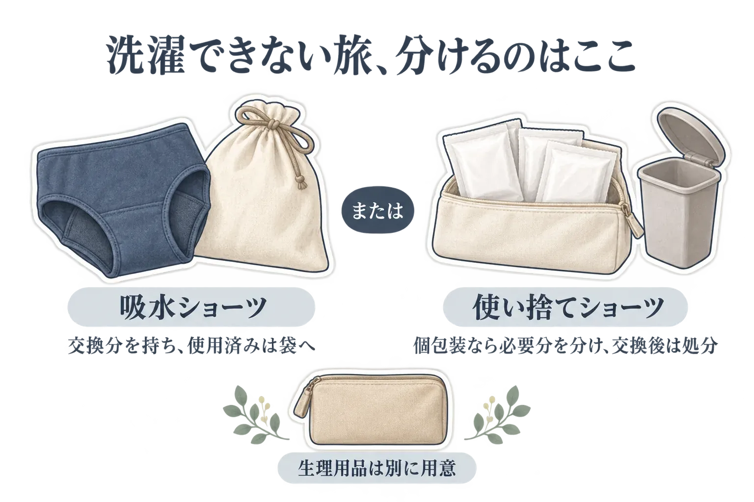 洗濯できない旅での下着の分け方を示す図。吸水ショーツは交換分を持ち、使用済みを袋に入れて持ち帰る。使い捨てショーツは個包装から必要分を取り出し、交換後に処分する。生理用品は別に用意する。