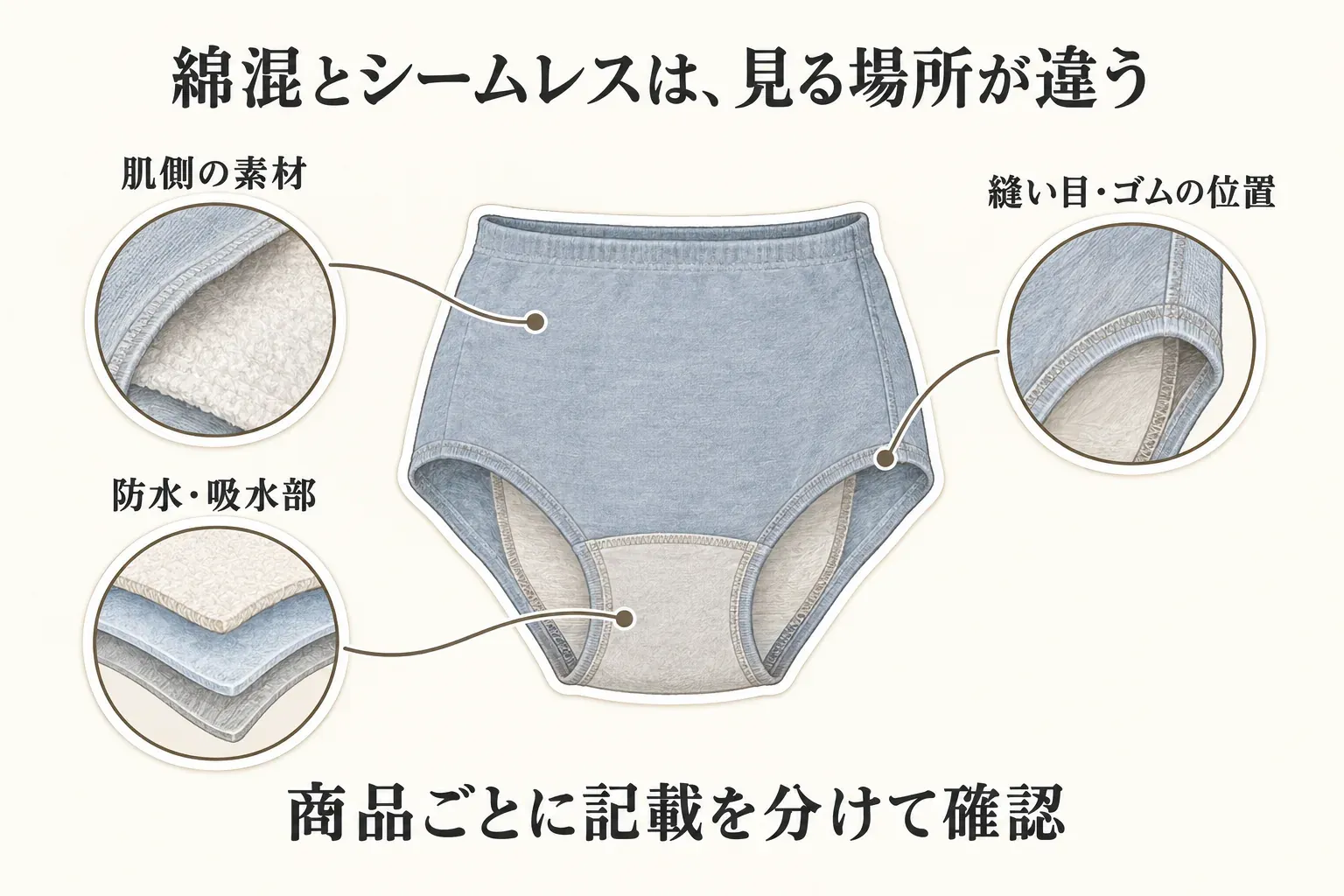 綿混とシームレスで確認する場所を示す図。サニタリーショーツの肌側の素材、防水・吸水部の層、縫い目・ゴムの位置を商品ごとに分けて確認するよう案内している。