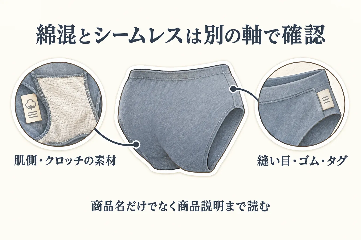 綿混とシームレスは別の軸で確認することを示す図。肌側・クロッチの素材と、縫い目・ゴム・タグをそれぞれ見て、商品名だけでなく商品説明まで読むよう案内している。