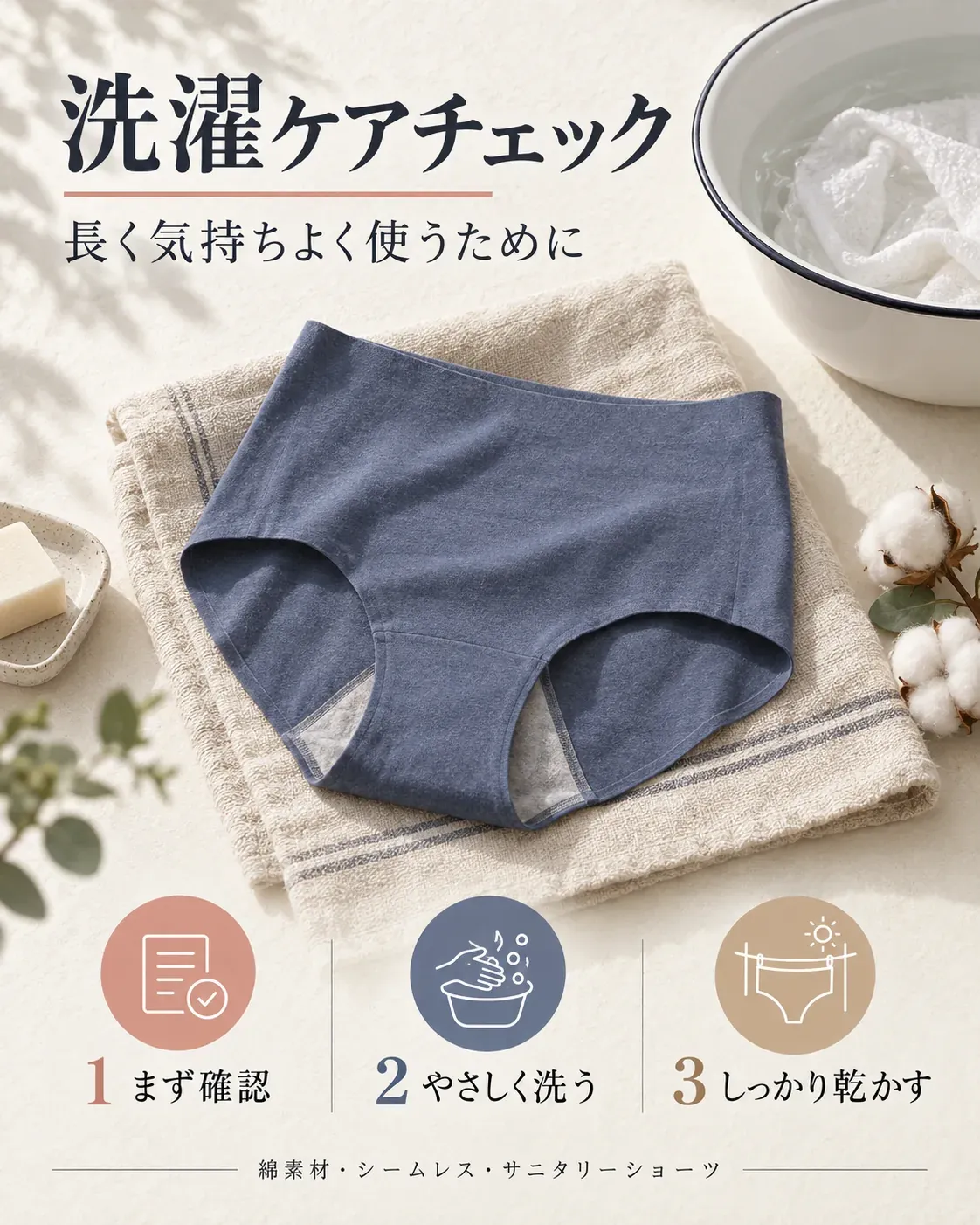 サニタリーショーツを長く使うための洗濯ケアを示す図。取扱表示を確認し、やさしく洗い、十分に乾かすという3つの手順を、ショーツ・洗面器・物干しのイラストで案内している。