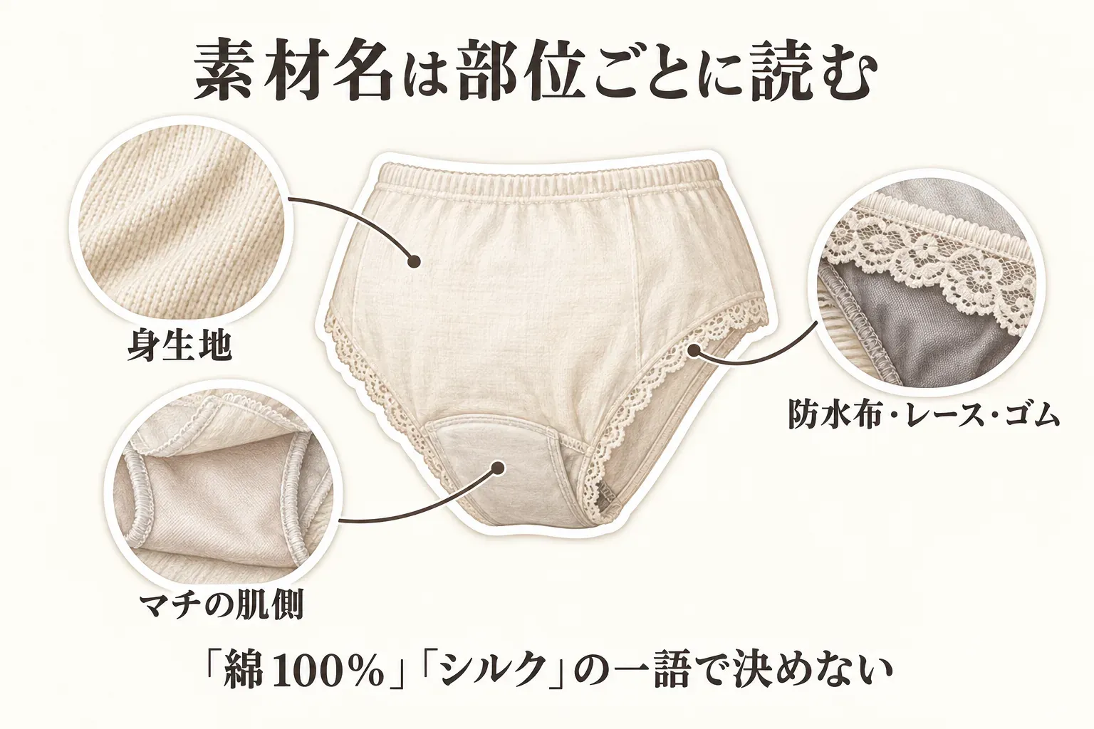サニタリーショーツの素材名を部位ごとに読むことを示す図。身生地、マチの肌側、防水布・レース・ゴムを指し、「綿100％」「シルク」の一語で決めないよう案内している。