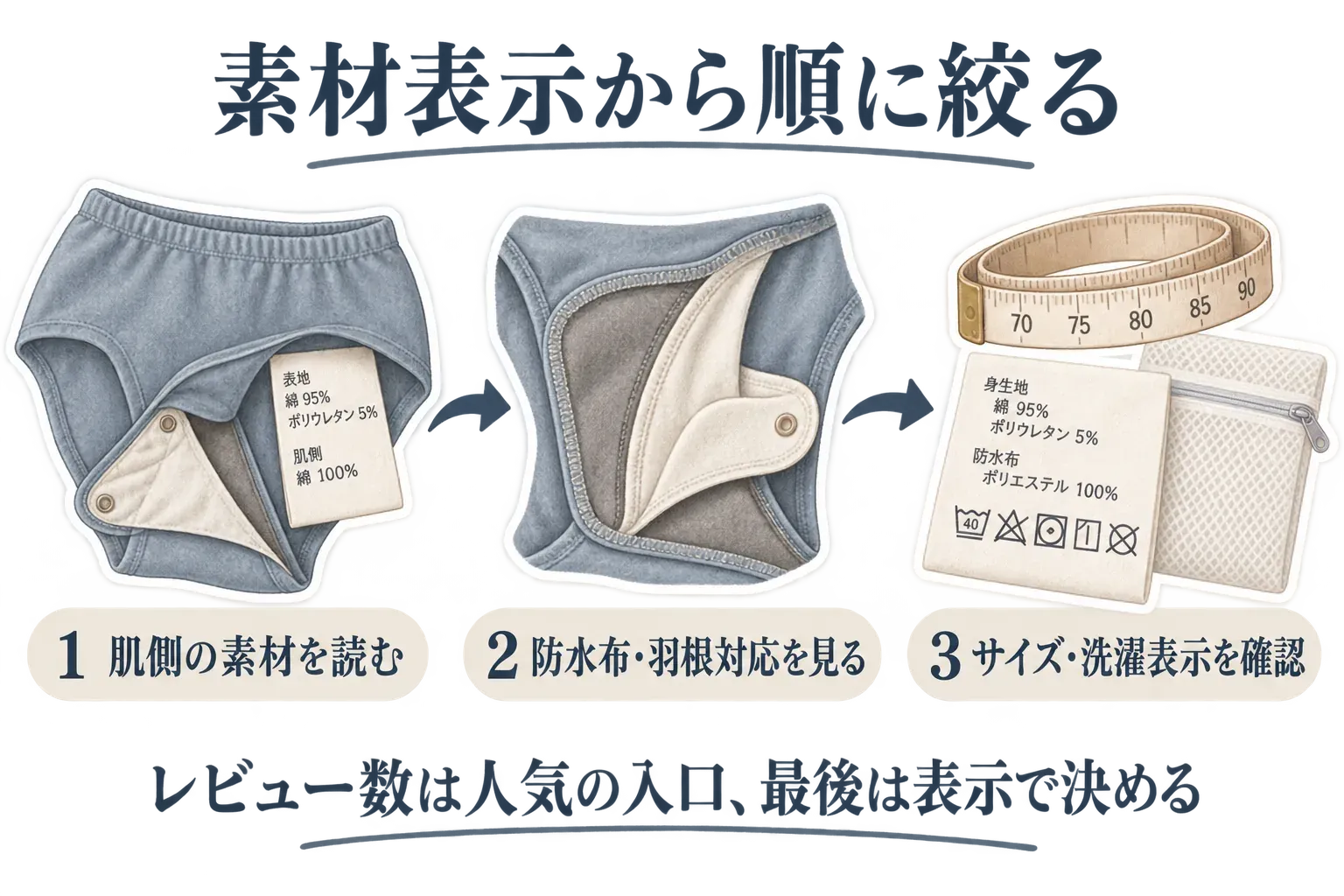 サニタリーショーツを素材表示から順に絞る手順を示す図。1は肌側の素材を読む、2は防水布・羽根対応を見る、3はサイズ・洗濯表示を確認する、という3段階と、レビュー数は人気の入口で最後は表示で決めることを案内している。