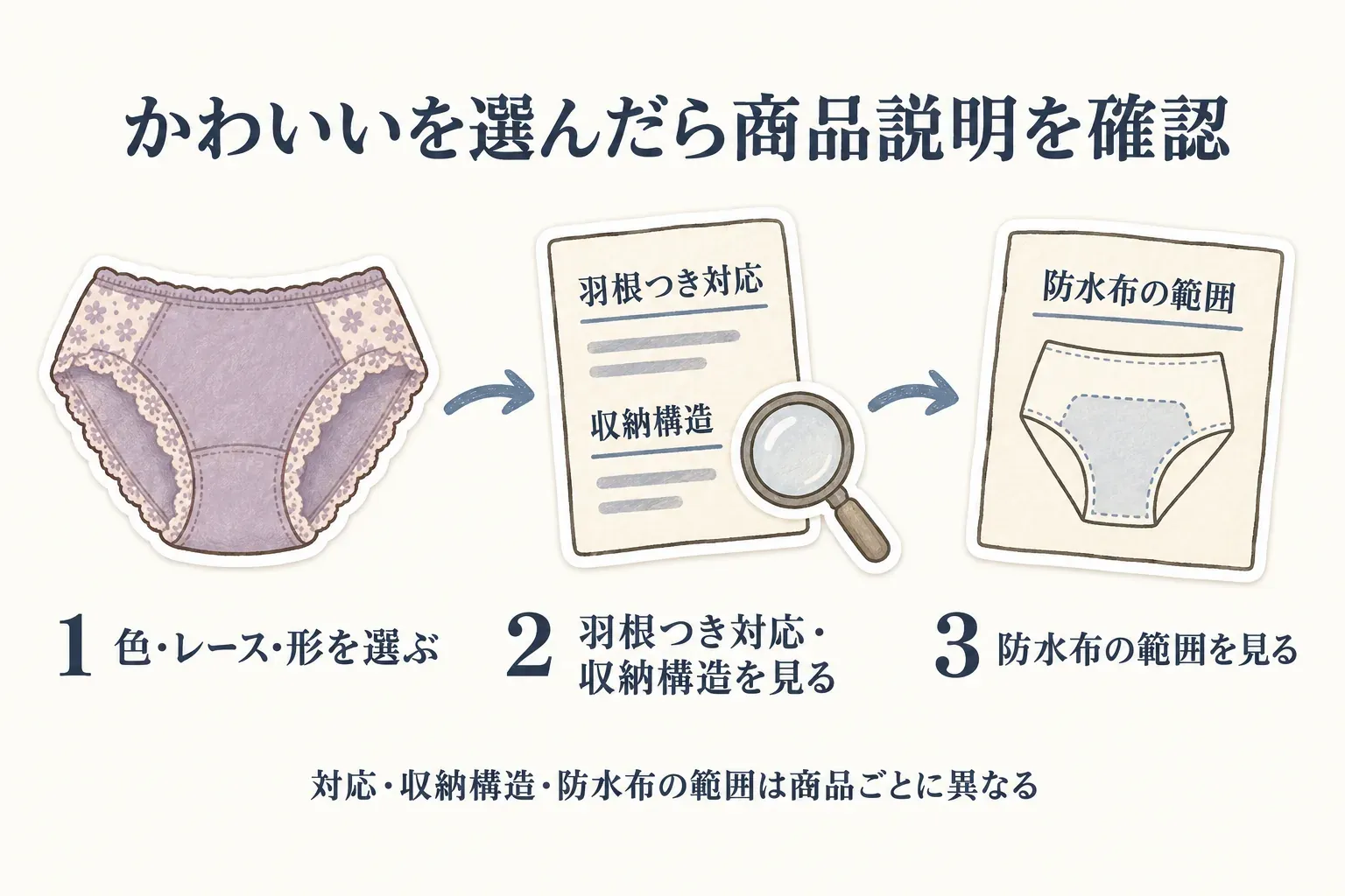 かわいいサニタリーショーツを選んだ後に商品説明を確認する図。色・レース・形を選んだ後、羽根つきナプキン対応と収納構造、防水布がどこまであるかを商品ごとに確認する流れを示している。