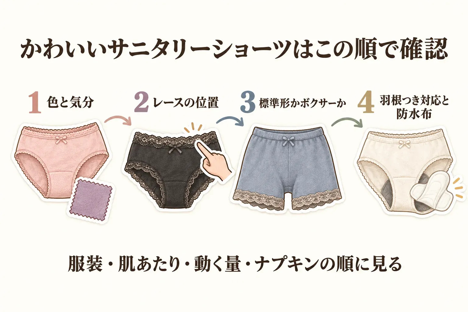 かわいいサニタリーショーツの確認順を示す図。1番は色と気分、2番はレースの位置、3番は標準形かボクサーか、4番は羽根つき対応と防水布を確認し、服装・肌あたり・動く量・ナプキンの順に見るよう案内している。
