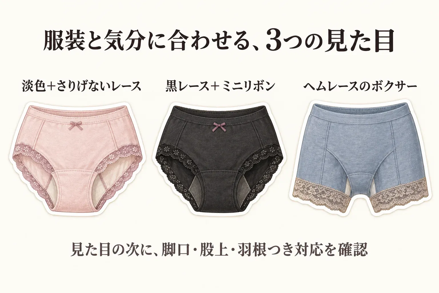 服装と気分に合わせるサニタリーショーツの3つの見た目を示す図。淡色とさりげないレース、黒レースとミニリボン、ヘムレースのボクサーを並べ、見た目の次に脚口・股上・羽根つき対応を確認するよう案内している。