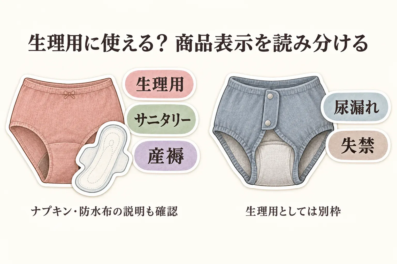 生理用に使えるかを商品表示で読み分ける図。ナプキンを添えたショーツには「生理用」「サニタリー」「産褥」と表示し、前開きの吸水ショーツには「尿漏れ」「失禁」と表示して、生理用とは別枠であることを示す。生理用ではナプキン・防水布の説明も確認するよう案内している。