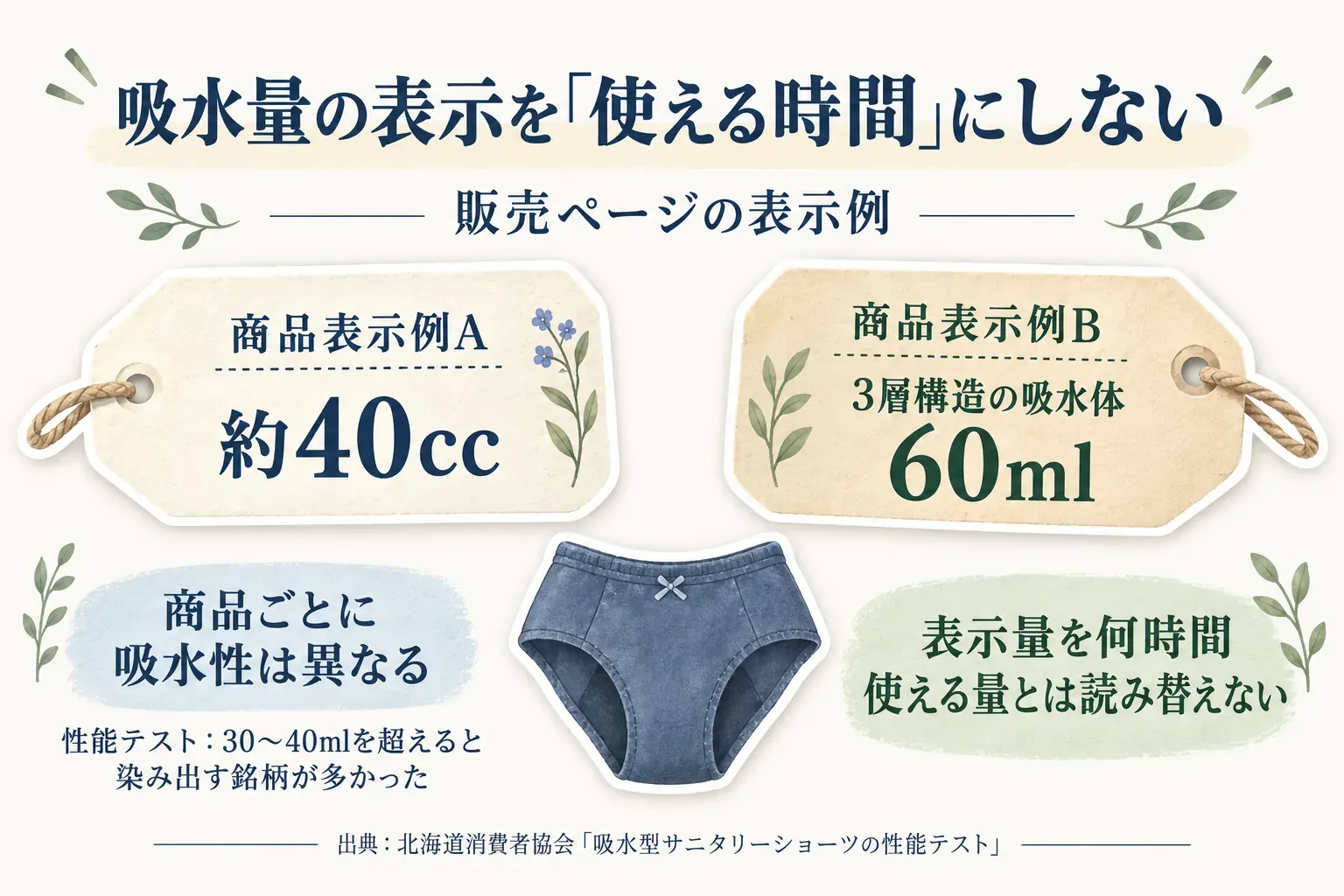 販売ページの吸水量表示例として約40ccと60mlを示し、商品ごとに吸水性が異なること、表示量を使える時間には読み替えられないことを説明する図。北海道消費者協会「吸水型サニタリーショーツの性能テスト」では30〜40mlを超えると染み出す銘柄が多かったと報告されている。