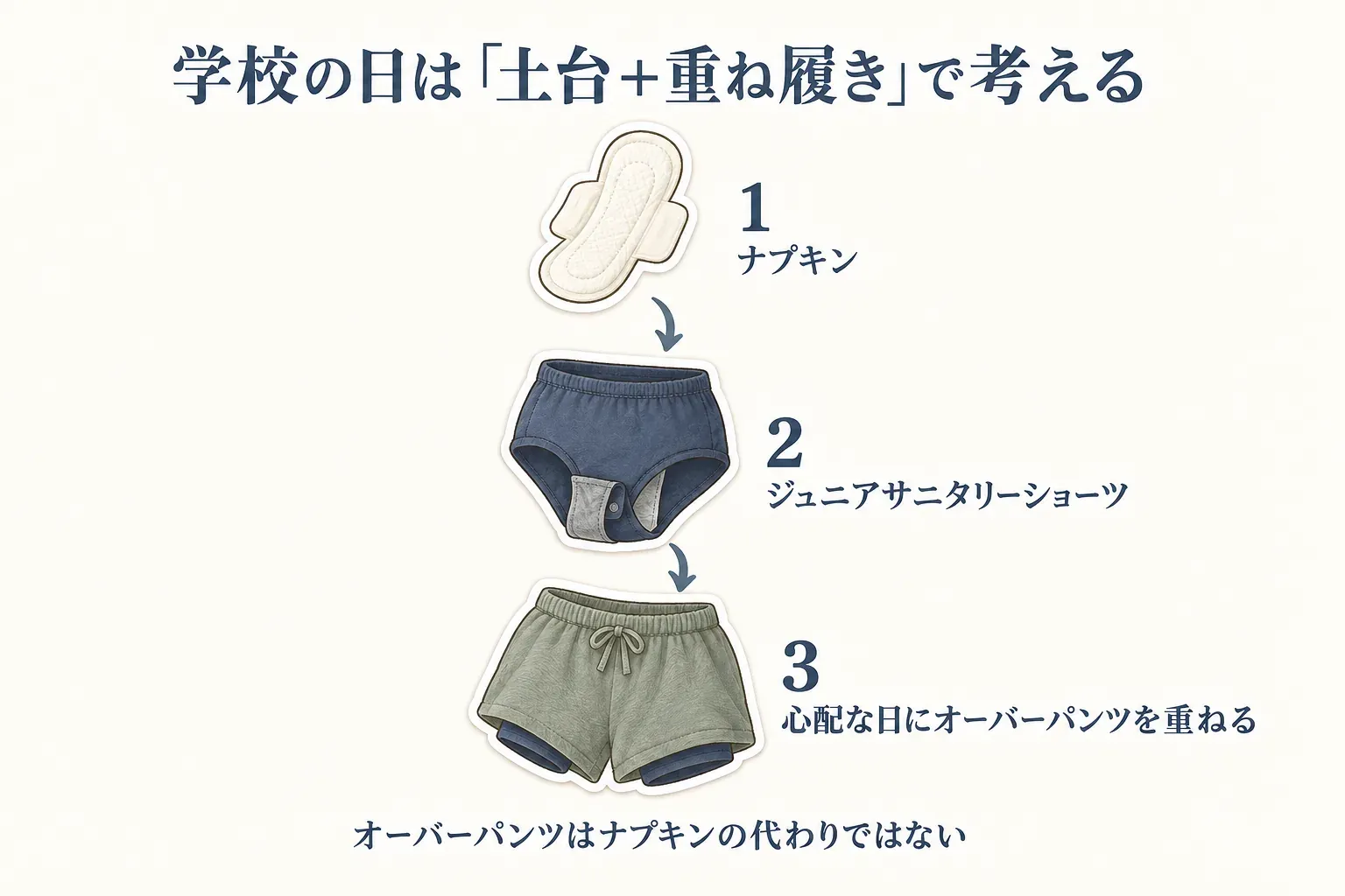 学校の日の重ね履きの順を示す図。ナプキンをジュニアサニタリーショーツに付け、心配な日はその上にオーバーパンツを重ねる。オーバーパンツはナプキンの代わりではないことを示している。