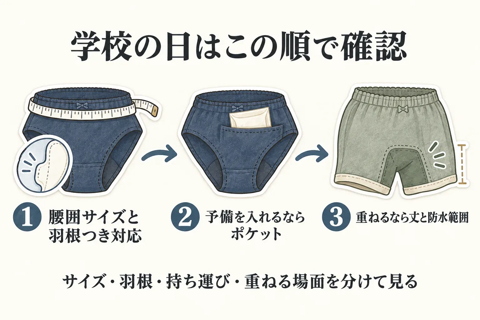 学校の日の確認順を示す図。1番は腰囲サイズと羽根つきナプキン対応、2番は予備ナプキンを入れるポケット、3番はオーバーパンツを重ねる場合の丈と防水範囲を確認する。