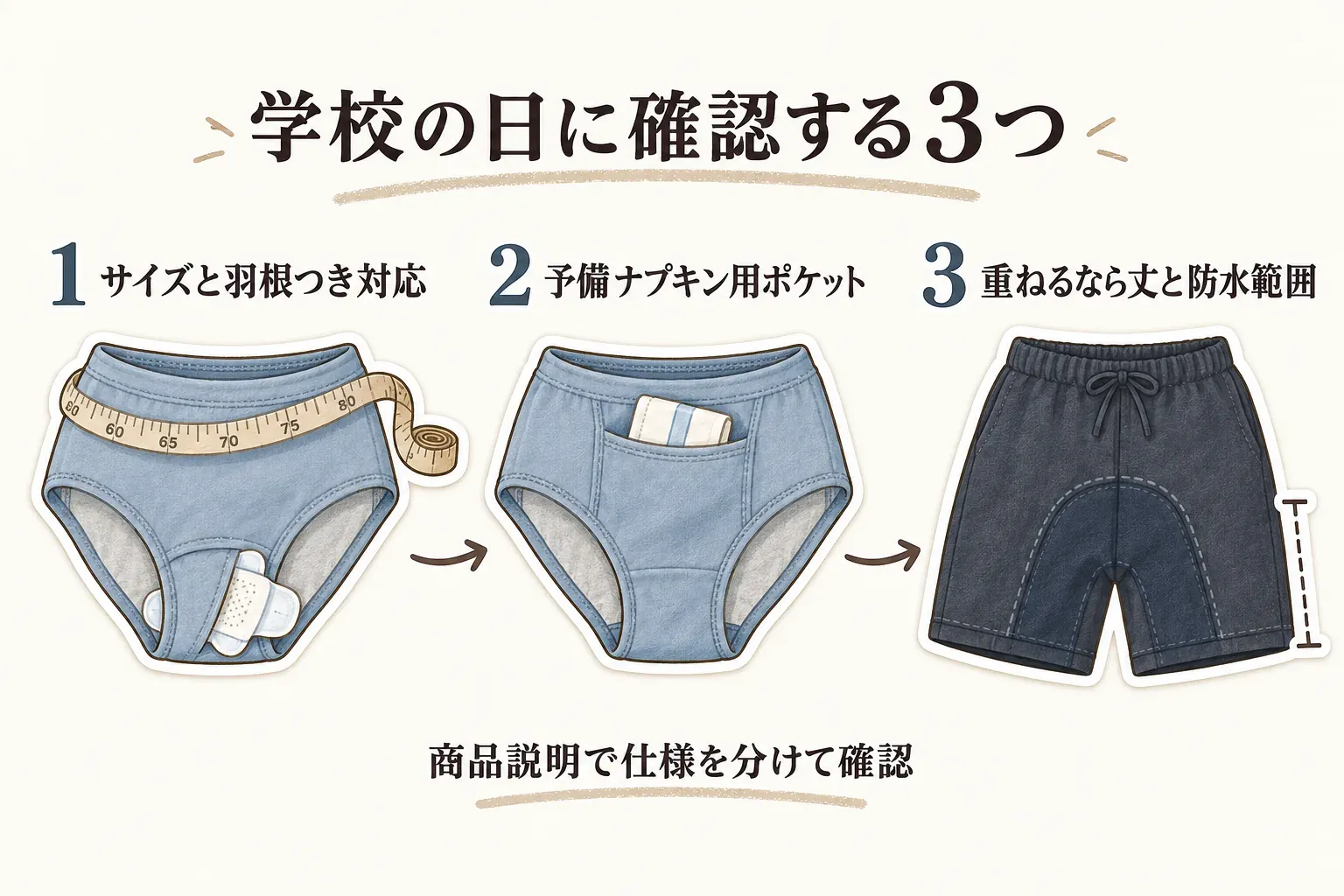 学校の日に確認する3つを示す図。サイズと羽根つきナプキン対応、予備ナプキン用ポケット、オーバーパンツを重ねる場合の丈と防水範囲を、商品説明で仕様ごとに確認するよう案内している。