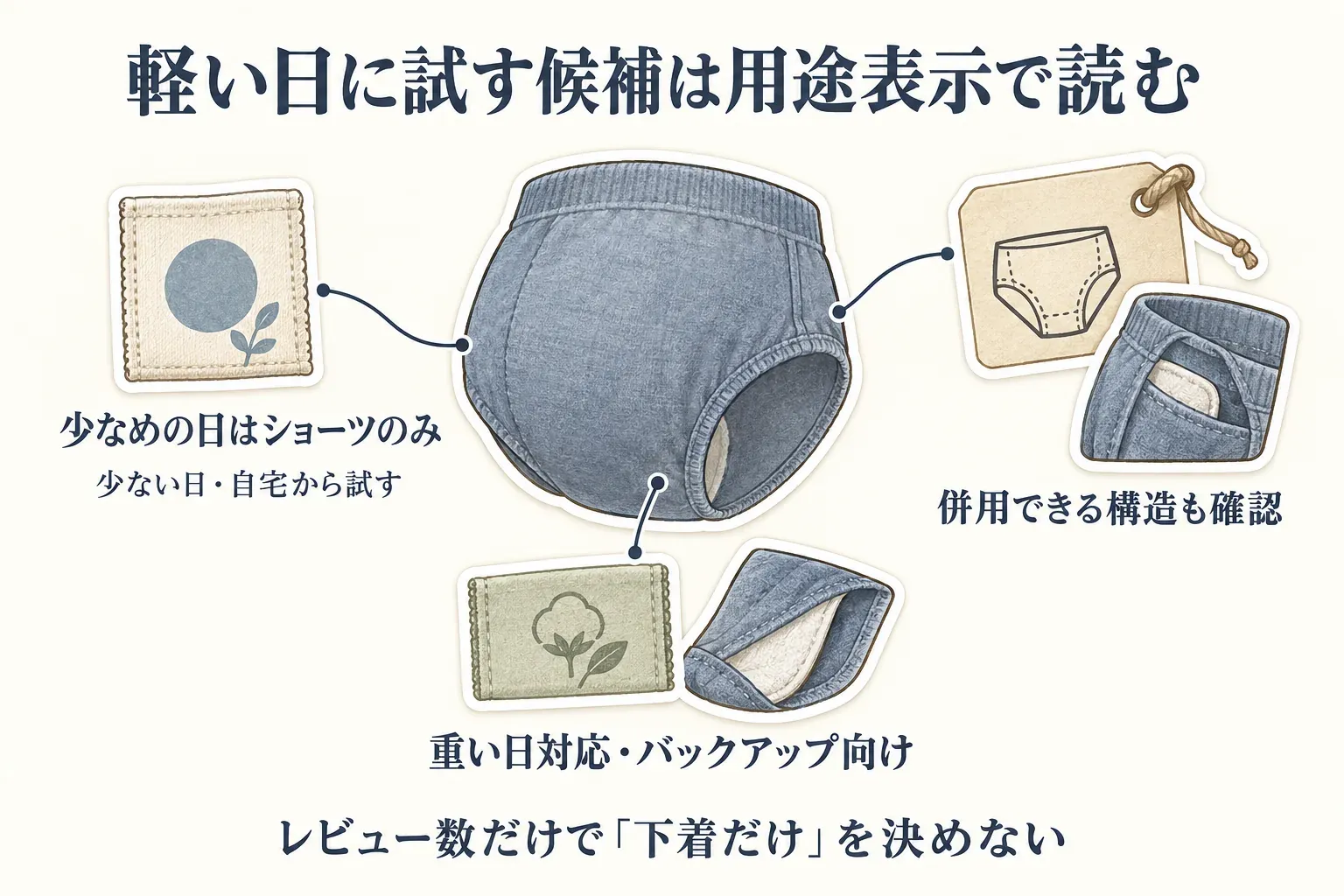 軽い日に吸水ショーツを試す候補は「少なめの日はショーツのみ」「少ない日・自宅から試す」という用途表示で読み、併用できる構造や、重い日対応・バックアップ向けの用途も確認することを示す図。レビュー数だけで「下着だけ」の使用を決めないよう案内している。