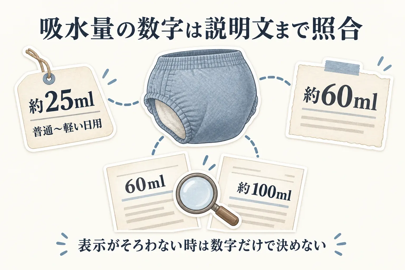 吸水ショーツの容量表示を商品説明まで照合する図。約25ml・普通〜軽い日用、約60ml、同じ説明内で60mlと約100mlの表示がある例を並べ、表示がそろわないときは数字だけで選ばないよう示している。