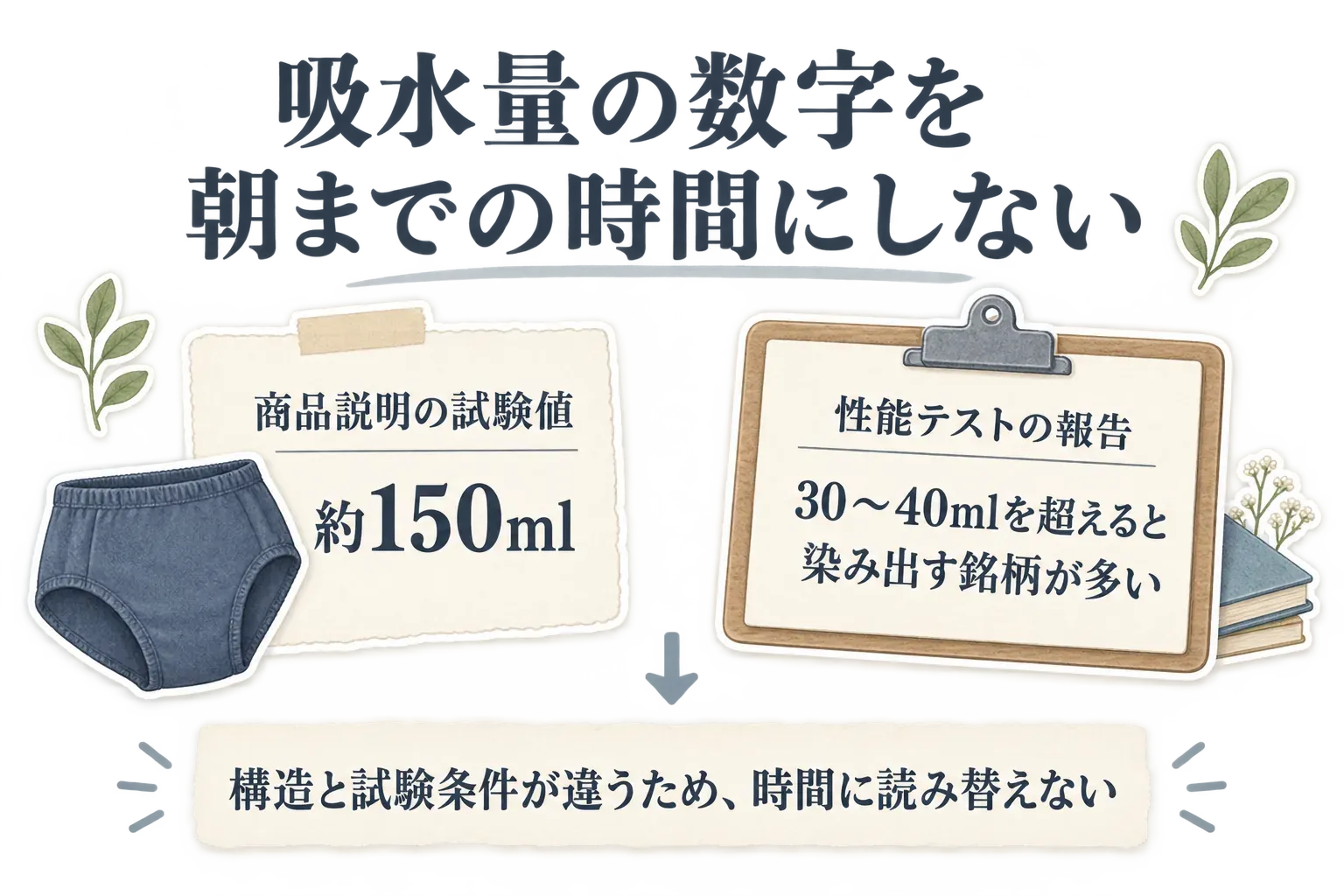 吸水量表示を朝までの時間に読み替えないことを示す図。商品説明の試験値として約150ml、性能テスト報告として30〜40mlを超えると染み出す銘柄が多いことを示し、構造と試験条件が違うため時間に換算できないと説明している。出典：北海道消費者協会「吸水型サニタリーショーツの性能テスト」。