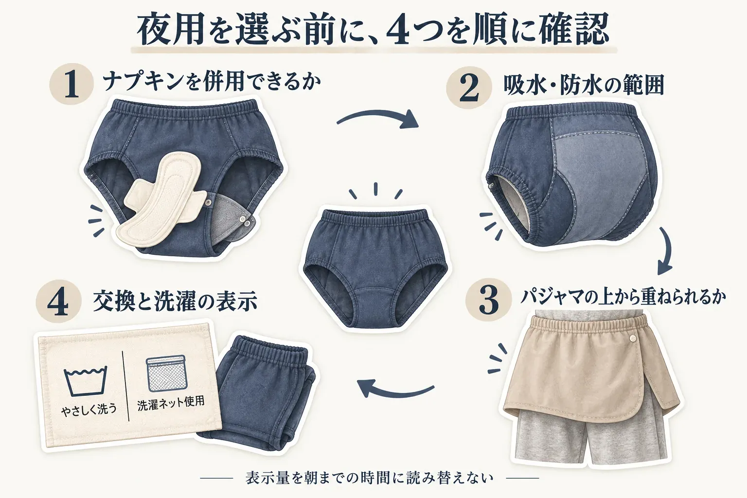 夜用の吸水ショーツを選ぶ前の4つの確認項目を示す図。ナプキンを併用できるか、吸水・防水の範囲、パジャマの上から防水スカートを重ねられるか、交換と洗濯の表示を順に確認する。表示量は朝まで使える時間に読み替えない。