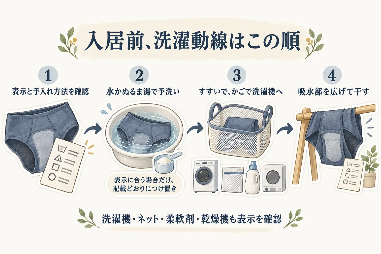 入居前に決める吸水ショーツの洗濯動線を示す図。洗濯表示と手入れ方法を確認し、水かぬるま湯で予洗い、すすいで洗濯かごで洗濯機へ運び、吸水部を広げて干す。洗濯機・ネット・柔軟剤・乾燥機も表示を確認する。