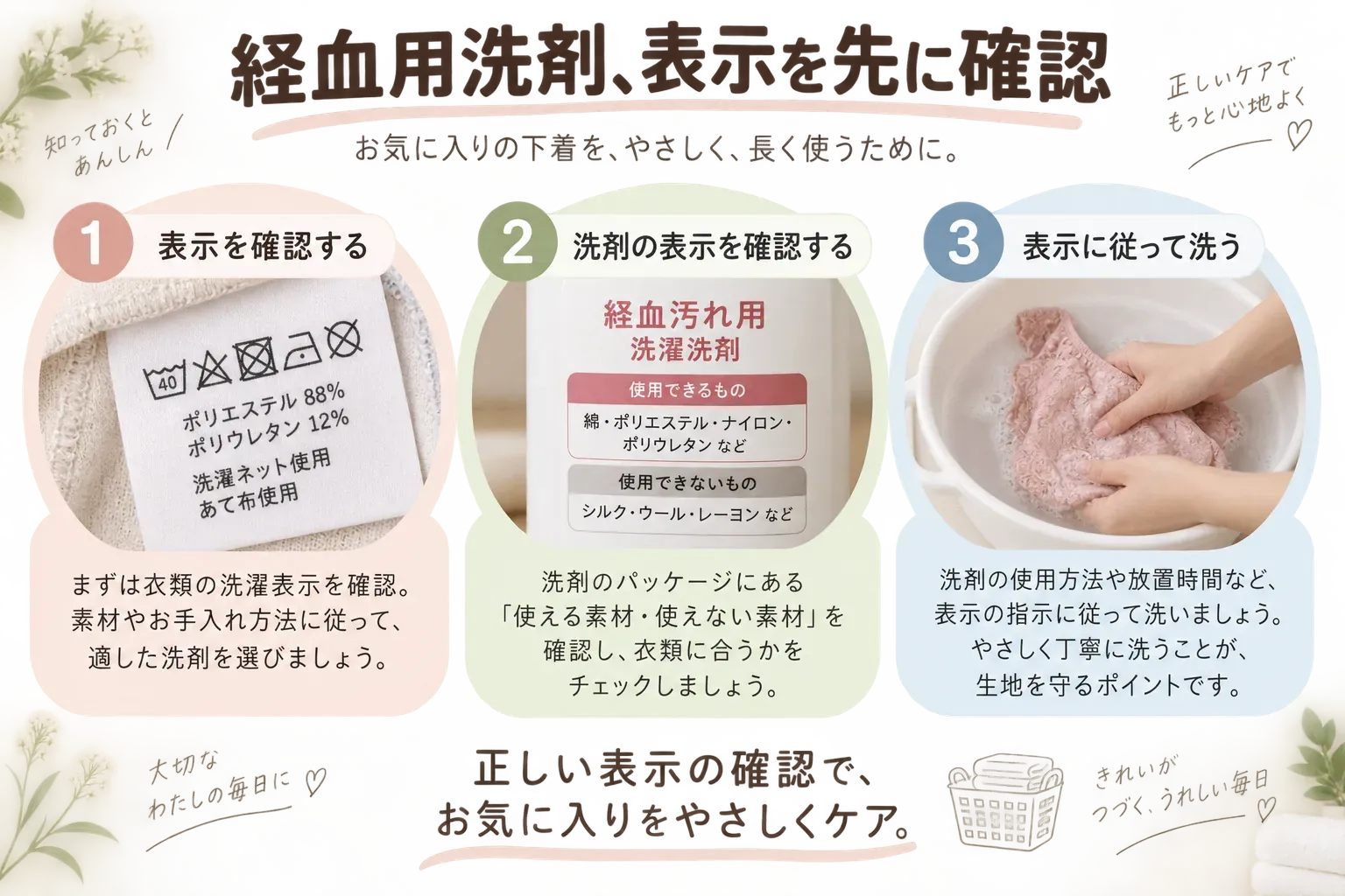 経血用洗剤を使う前の表示確認と手順を示す図。ショーツと洗剤の表示を確認し、表示に合う場合だけ水またはぬるま湯500mLに洗剤約10mLを入れ、約20分つけ置きしてからすすぐ。