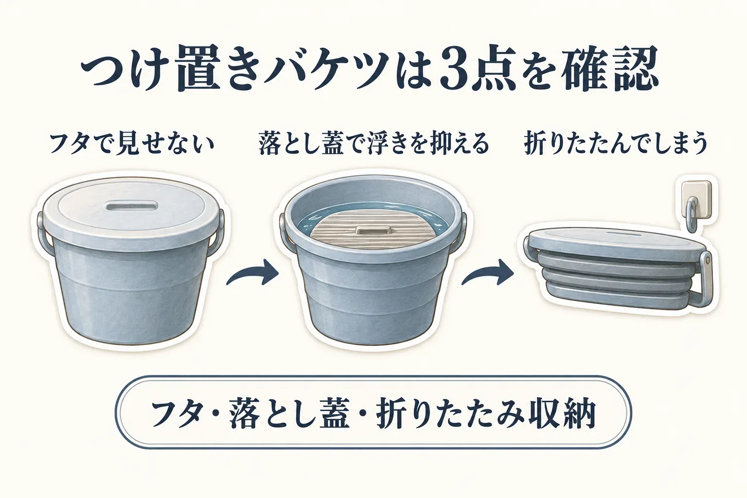 つけ置きバケツの確認ポイントとして、フタで洗濯物を見せないこと、落とし蓋で浮きを抑えること、折りたたんで収納することを、バケツのイラストで示す図。