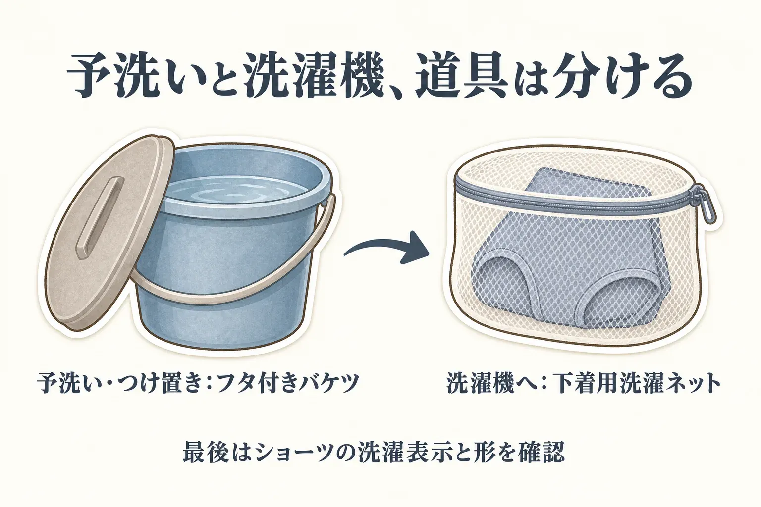 吸水ショーツの洗濯で、予洗い・つけ置きにはフタ付きバケツ、洗濯機へ移す際には下着用洗濯ネットを使い、最後にショーツの洗濯表示と形を確認する流れを示す図。