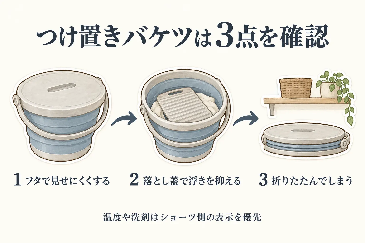 つけ置きバケツを選ぶ3点として、1はフタで洗濯物を見えにくくする、2は落とし蓋で浮きを抑える、3は折りたたんでしまうことを示し、温度や洗剤はショーツ側の表示を優先するよう案内する図。