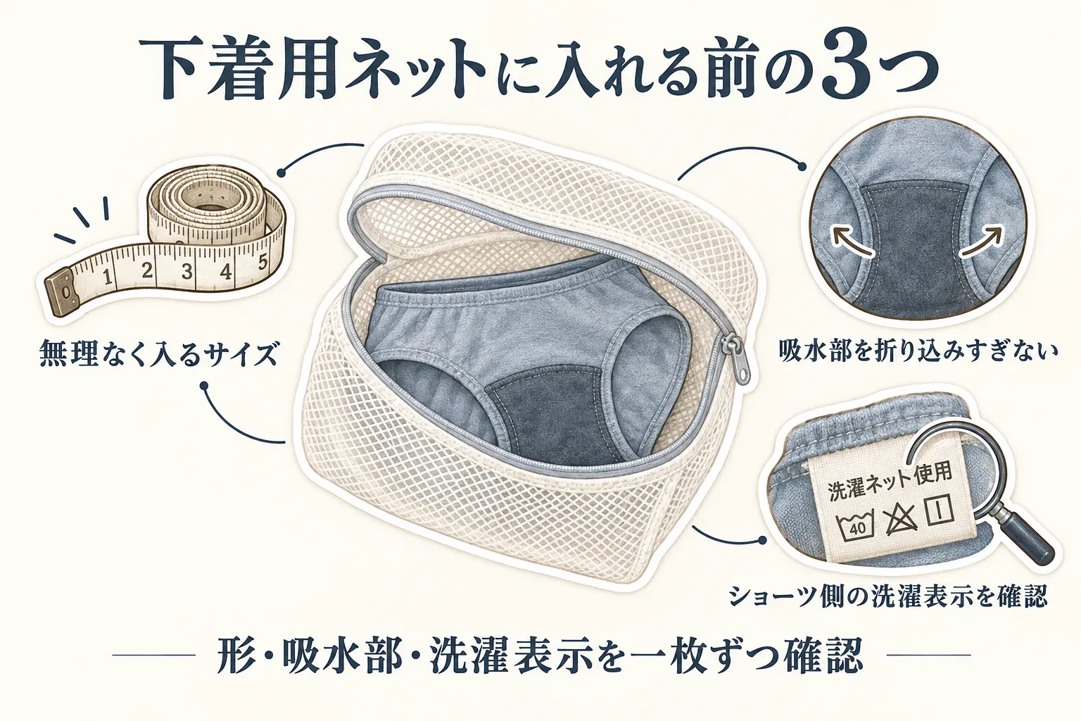 下着用洗濯ネットに吸水ショーツを入れる前に、無理なく入るサイズか、吸水部を折り込みすぎないか、ショーツ側の洗濯表示を確認することを示す図。