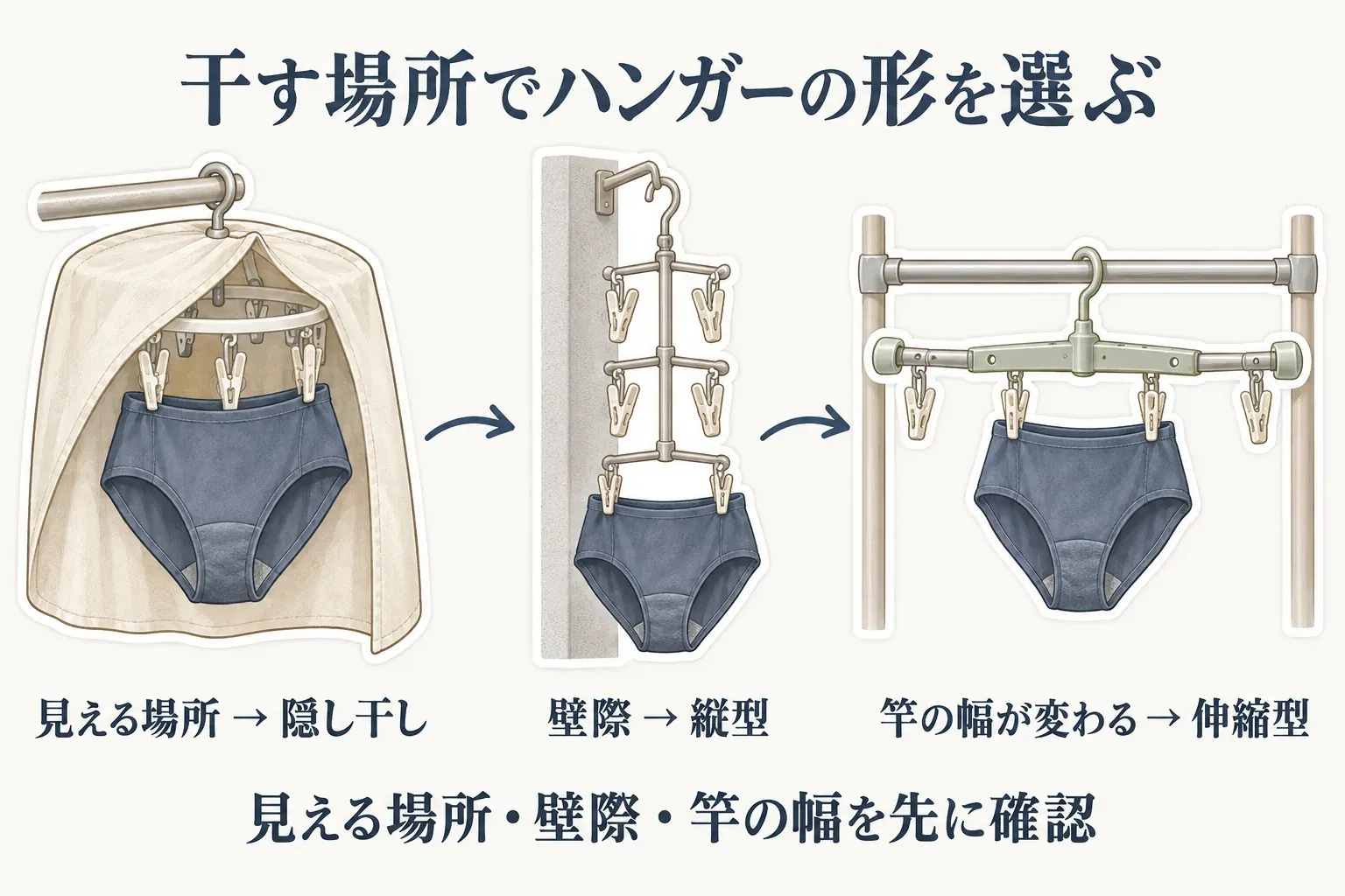 干す場所に合わせた下着用ハンガーの選び方を示す図。見える場所では下着を覆う隠し干し、壁際では縦型、竿の幅が変わる場所では伸縮型を選ぶ。