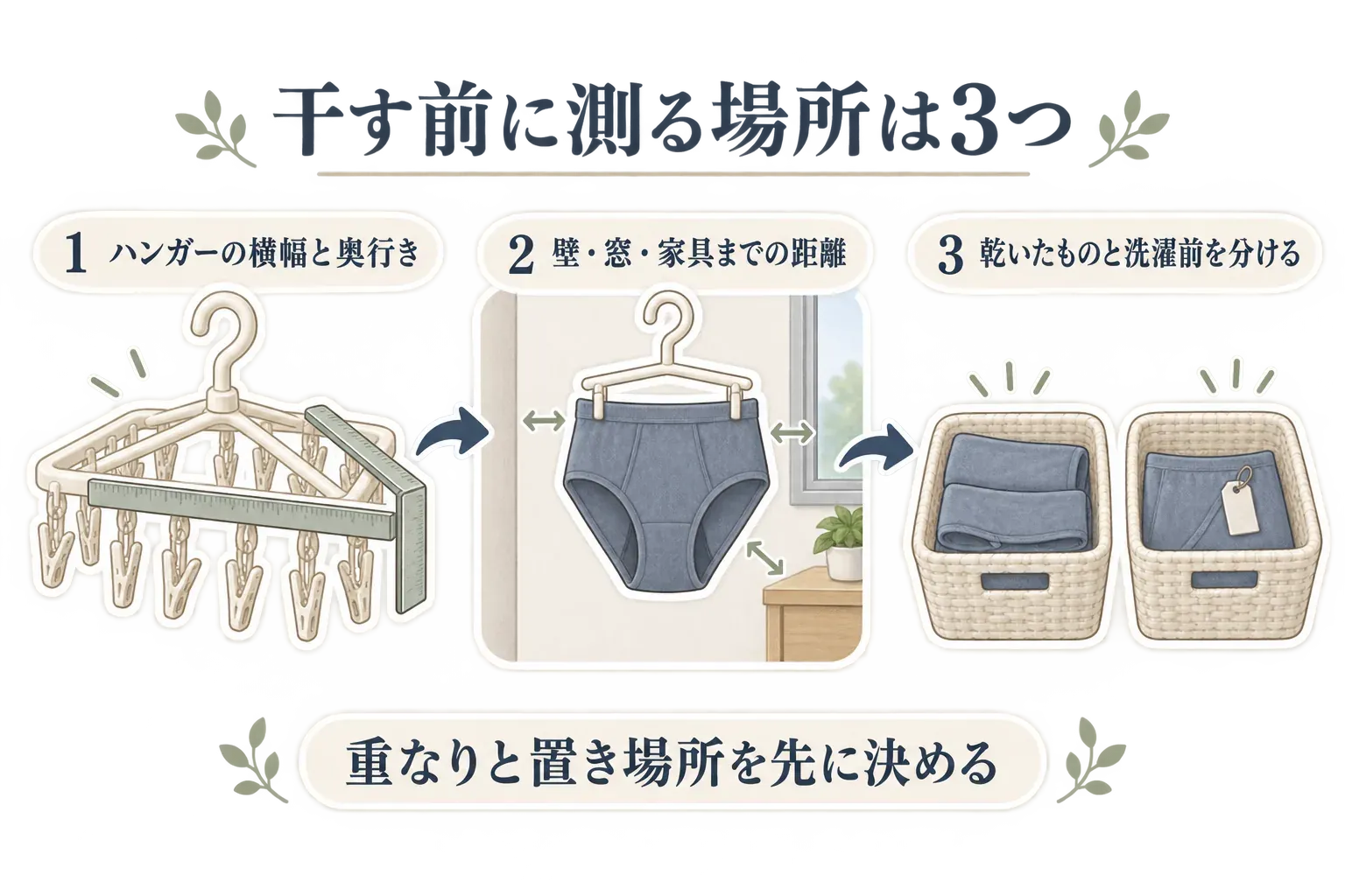 干す前に測る3つの場所を示す図。1はハンガーの横幅と奥行き、2は広げた吸水ショーツと壁・窓・家具までの距離、3は乾いたものと洗濯前のものを分ける置き場所。